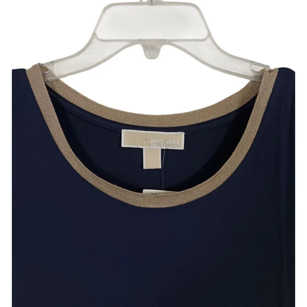 Michael Kors Dress XL Navy Metallic Gold Neckband Stretch Pullover Cap Sleeve